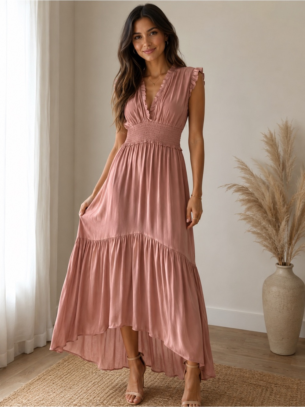 Banana Republic Sleeveless V-Neck Smocked Waist Maxi Dress in Dusty Rose